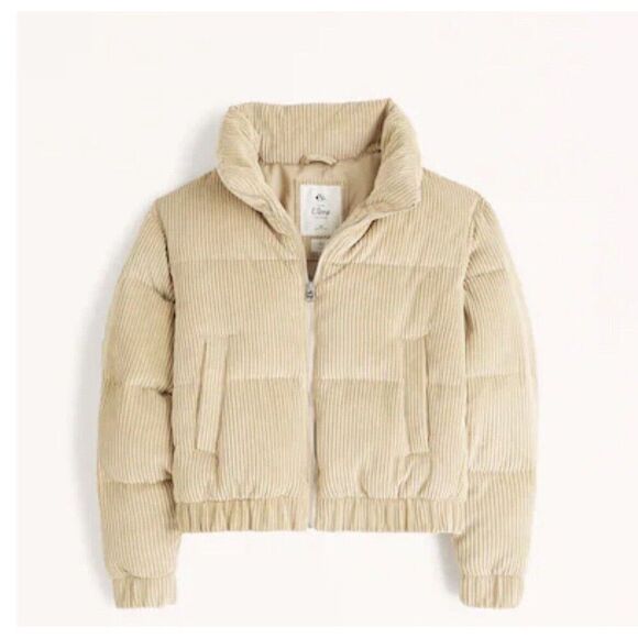 ABERCROMBIE & FITCH Puffer Jacket Women XL Ultra Mini NEW Tan Corduroy Cropped - Picture 1 of 11